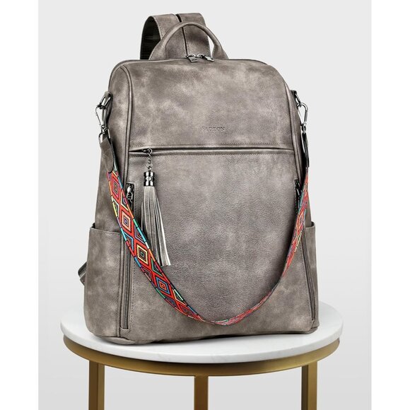 Women's Grey  Retro Style Backpack Designer 15.6 inch PU Leather Laptop Bags - Picture 9 of 9